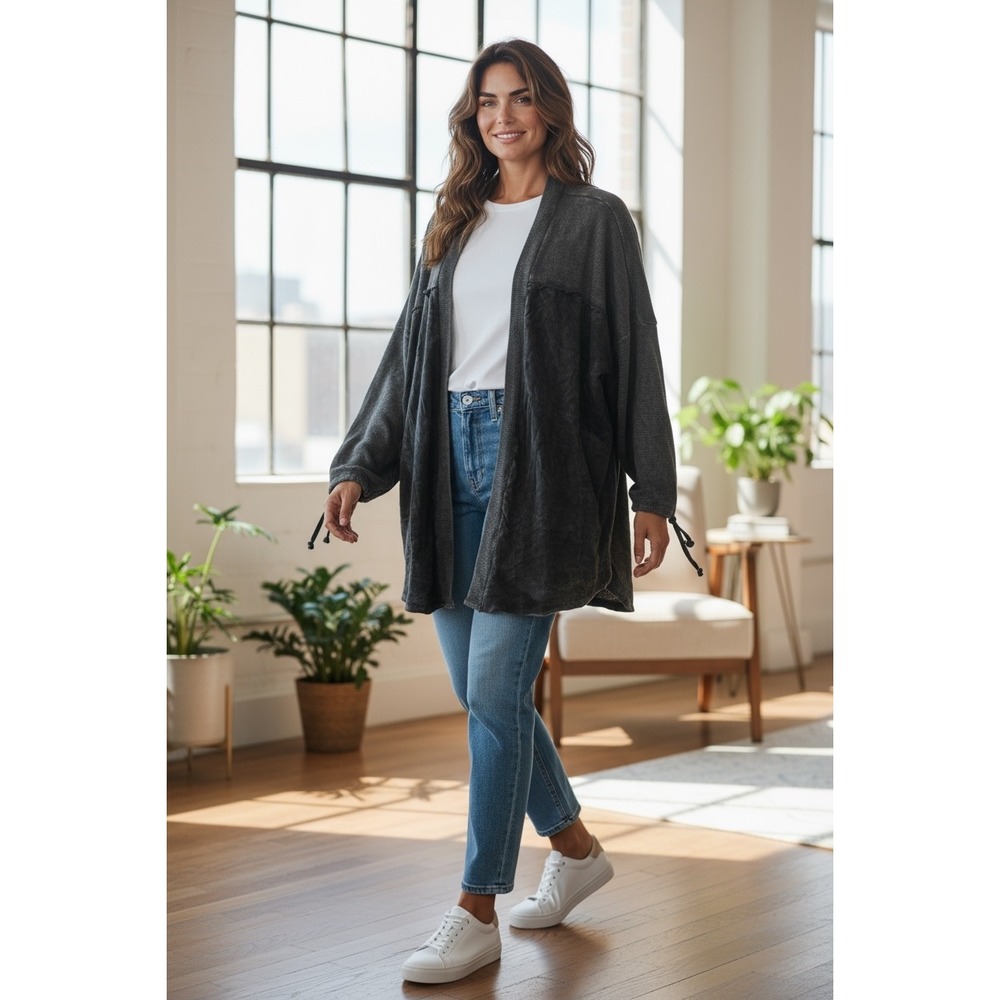 J. HER Charcoal Gray Waffle‎ Knit Open Front Duster Cardigan Size M
